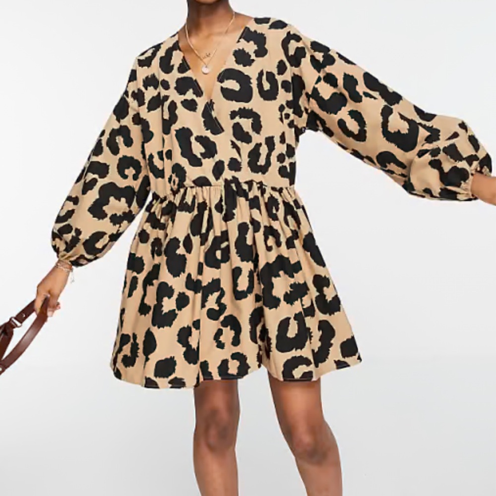 ASOS Maximalist Glam Chic Statement Leopard Animal Print Babydoll Dress Tan 12 L